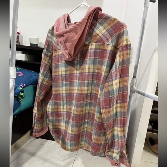 Classic Plaid Checkered Hoodie Button Down Up Shirt Top - Picture 7 of 7